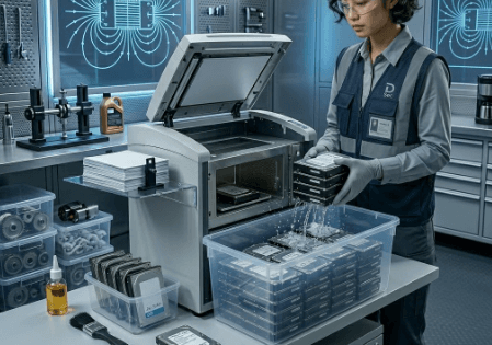 MBM Destroyit degausser machine preparing hard drives for secure data destruction in an IT department